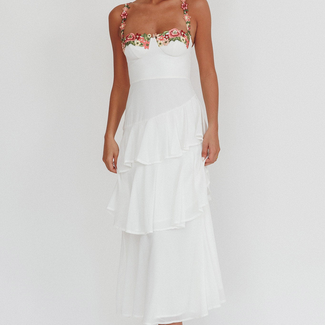Rose Garden Tiered Ruffle Floral Trim Maxi Dress White 1