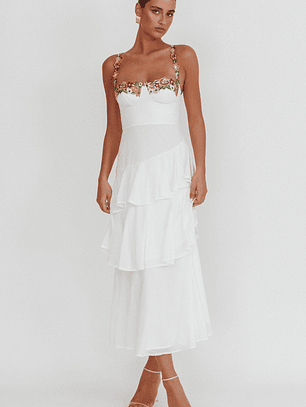 Rose Garden Tiered Ruffle Floral Trim Maxi Dress White