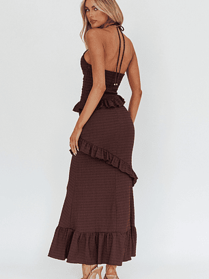 Clemence Smocked Frill Trim Maxi Dress Chocolate