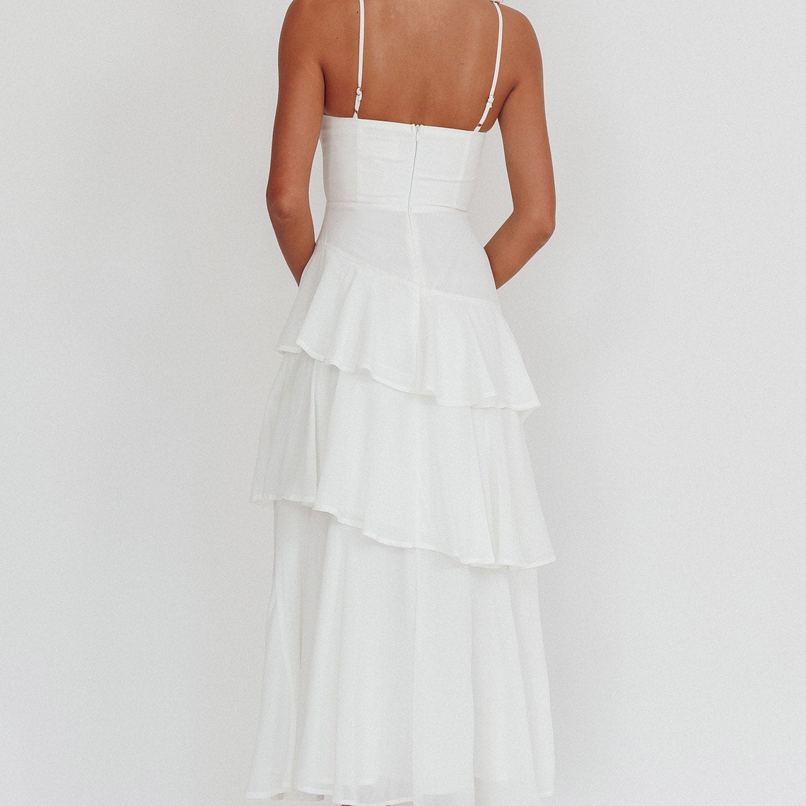 Rose Garden Tiered Ruffle Floral Trim Maxi Dress White 2