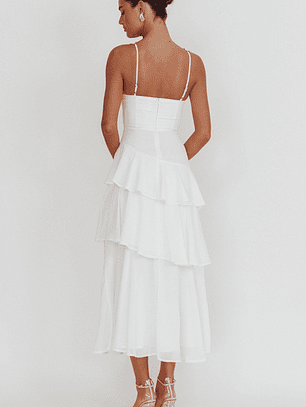 Rose Garden Tiered Ruffle Floral Trim Maxi Dress White