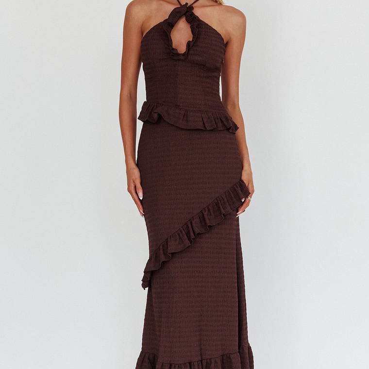 Clemence Smocked Frill Trim Maxi Dress Chocolate 4