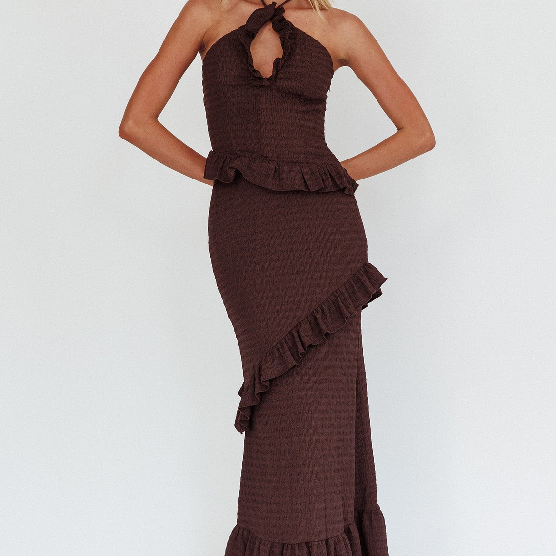 Clemence Smocked Frill Trim Maxi Dress Chocolate 5