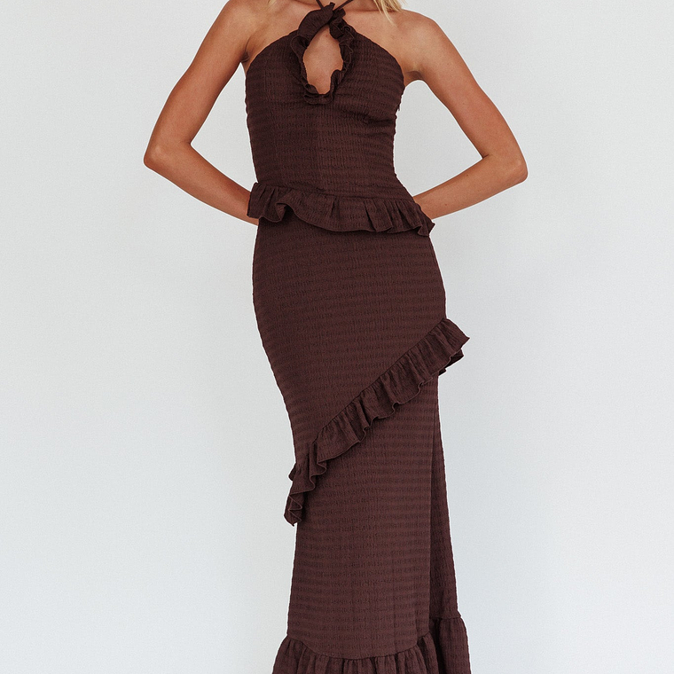 Clemence Smocked Frill Trim Maxi Dress Chocolate 5