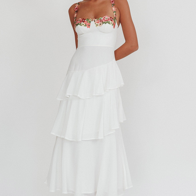 Rose Garden Tiered Ruffle Floral Trim Maxi Dress White 5