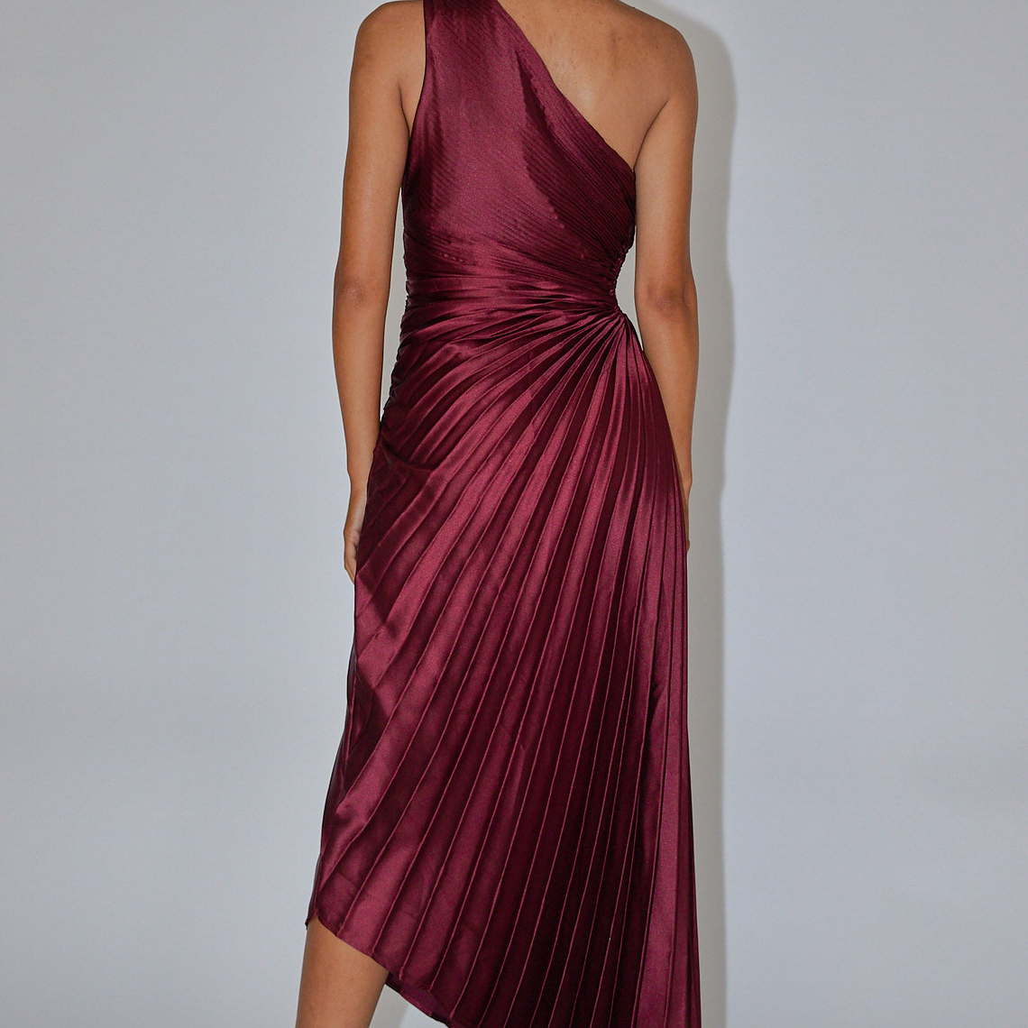 Brooklynn One-Shoulder Accordion Pleat Dress Wine 2