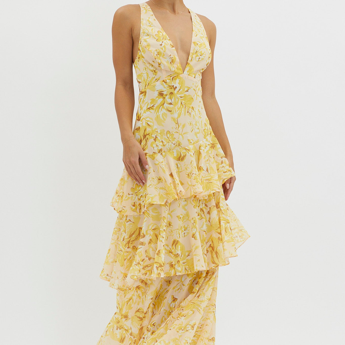 Veda Strappy Back Ruffle Midi Dress Floral Yellow 1