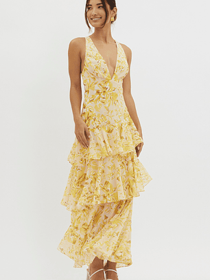 Veda Strappy Back Ruffle Midi Dress Floral Yellow