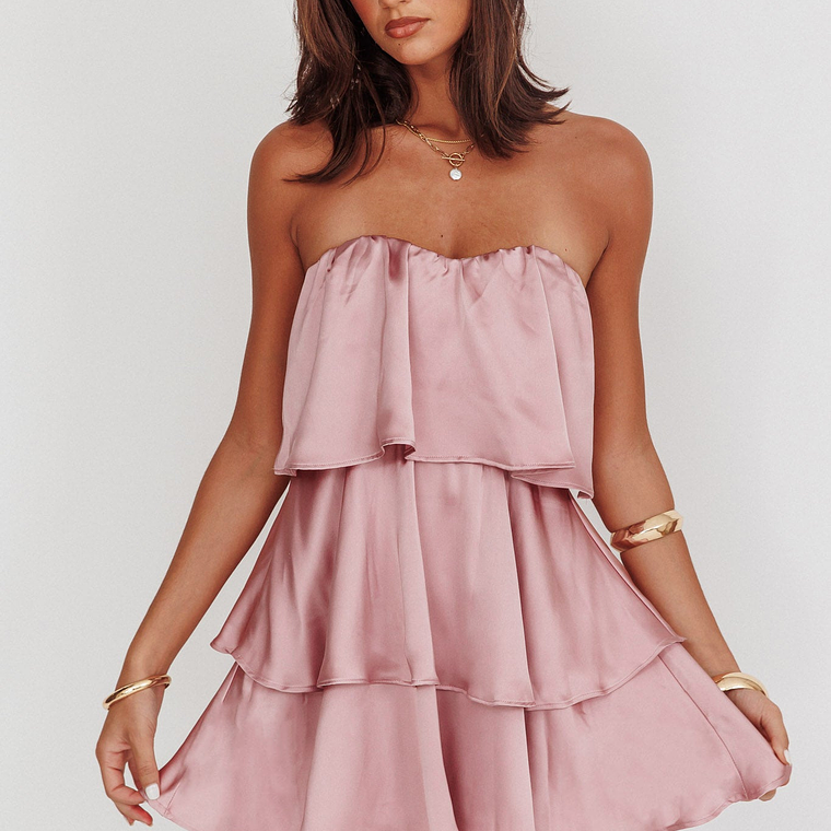 Behati Tiered Layer Strapless Dress Dusty Rose 1