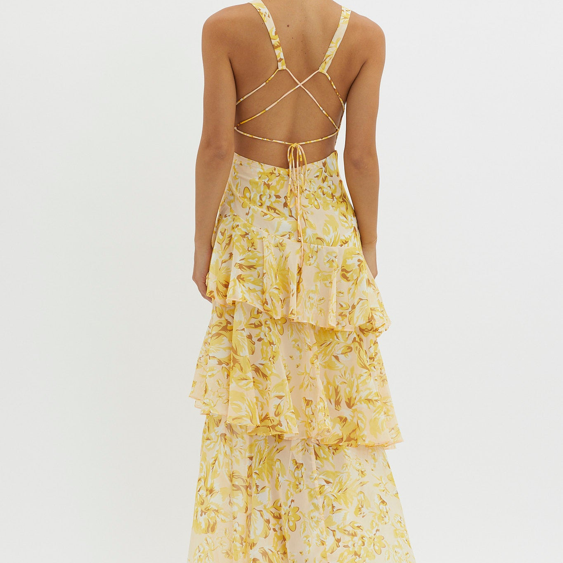 Veda Strappy Back Ruffle Midi Dress Floral Yellow 2