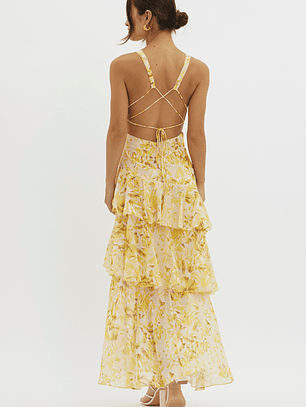 Veda Strappy Back Ruffle Midi Dress Floral Yellow