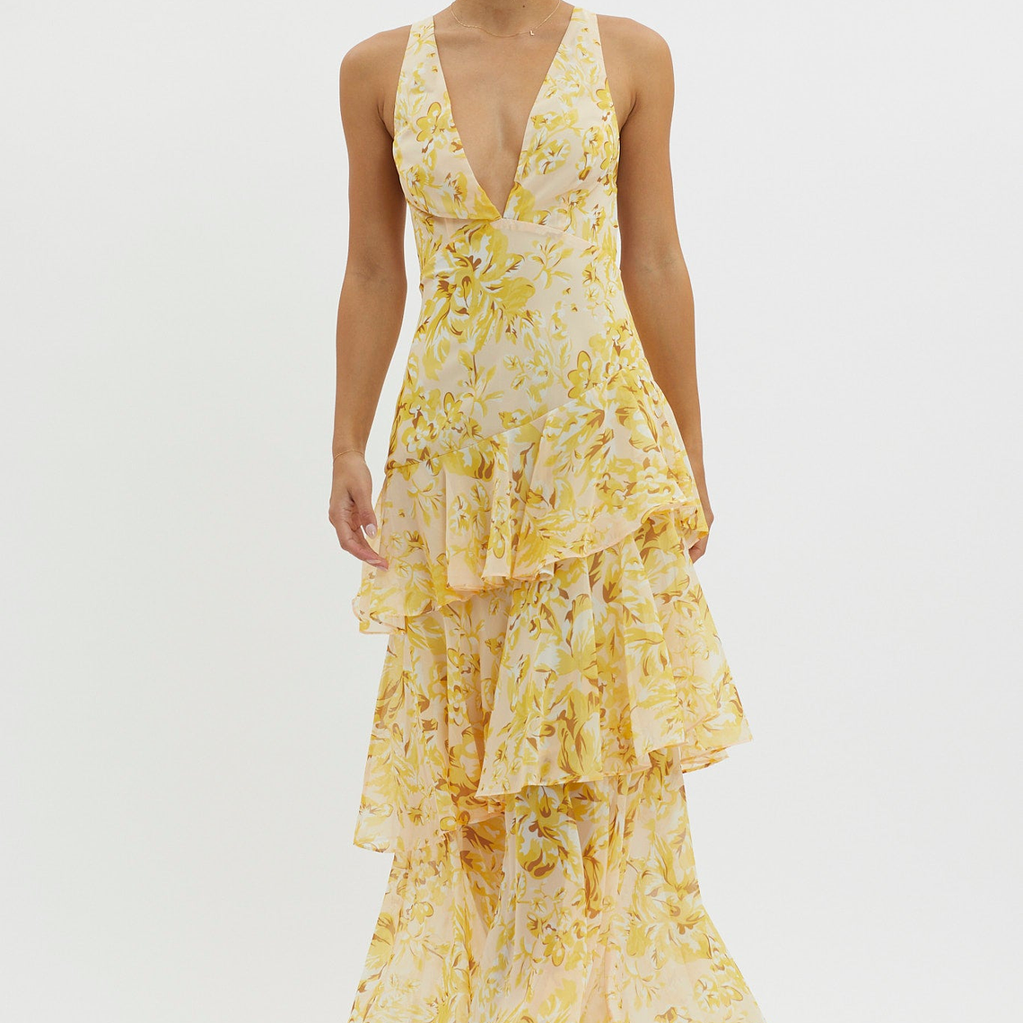 Veda Strappy Back Ruffle Midi Dress Floral Yellow 3
