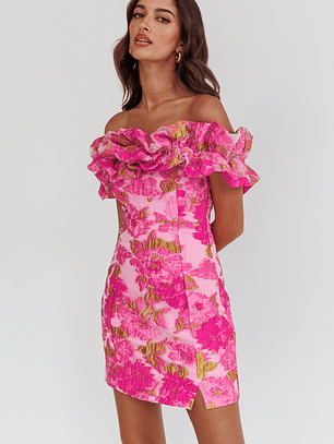 Memoire Off-Shoulder Textured Mini Dress Pink