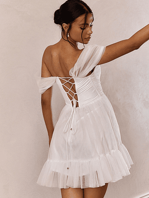 Pixi Off-Shoulder Lace-Up Back Mini Dress White