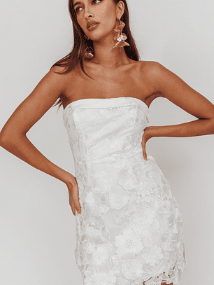 Flora Day Strapless Floral Embellished Mini Dress White