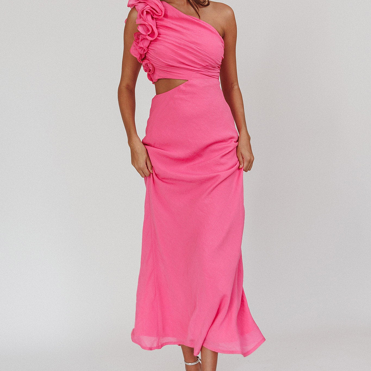 Deanna One-Shoulder Ruffle Maxi Dress Hot Pink 1