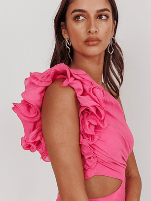 Deanna One-Shoulder Ruffle Maxi Dress Hot Pink