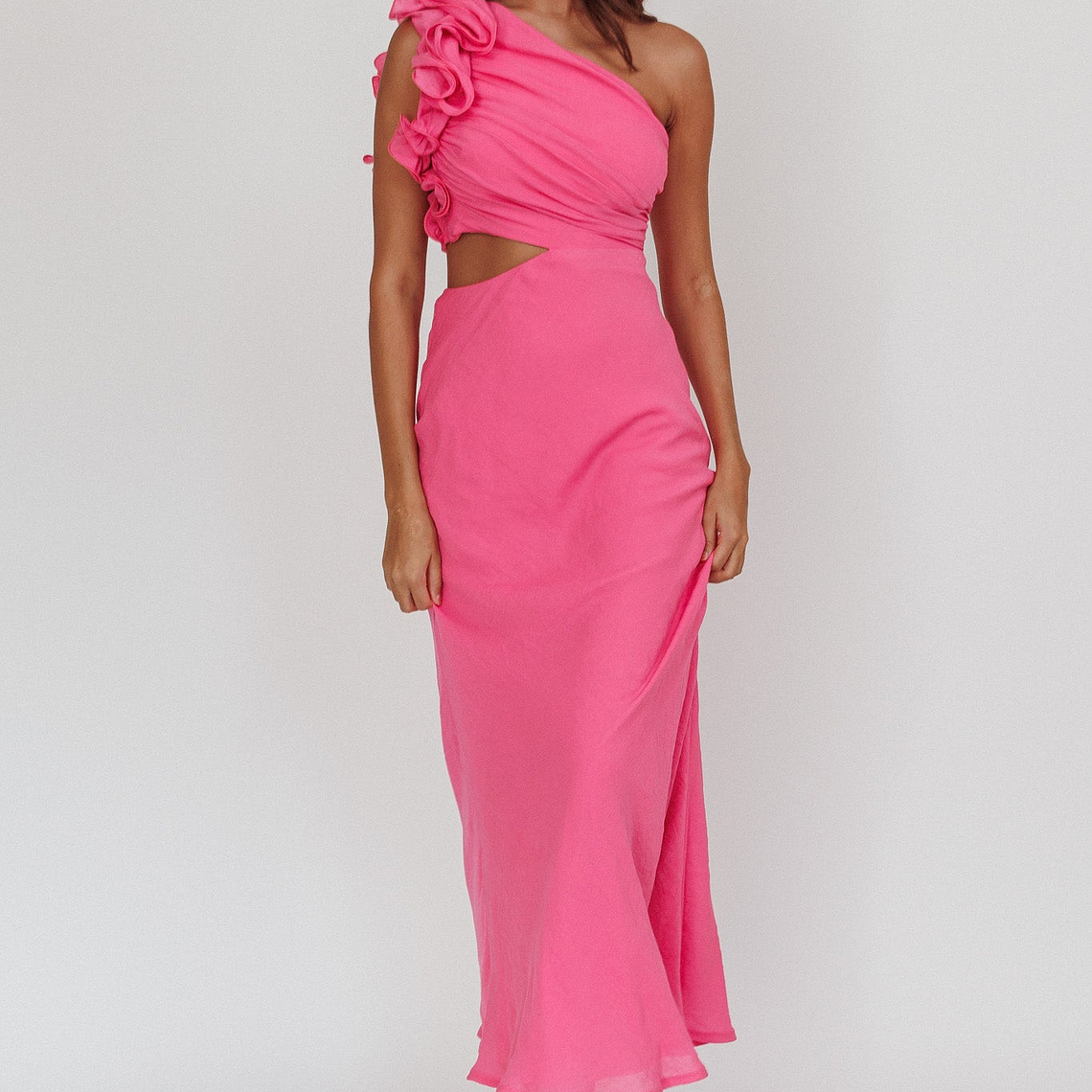 Deanna One-Shoulder Ruffle Maxi Dress Hot Pink 6