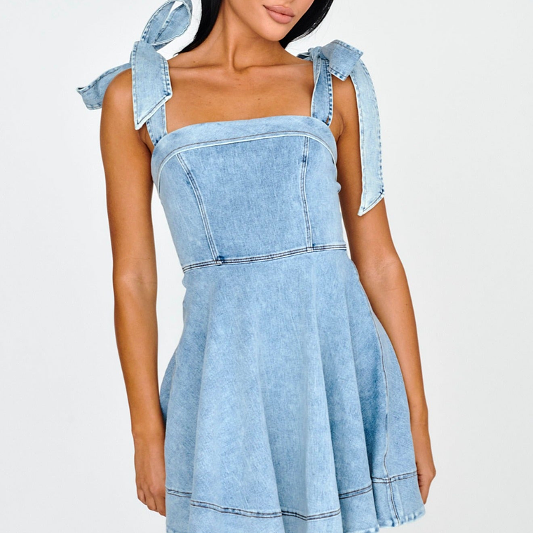 Jeanie Bow Shoulder Mini Dress Denim 1