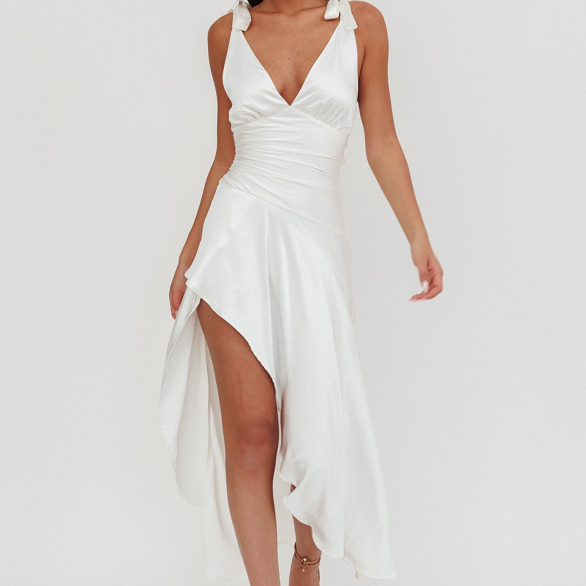 Aquila Tied Shoulder High-Low Hem Dress Oyster 4