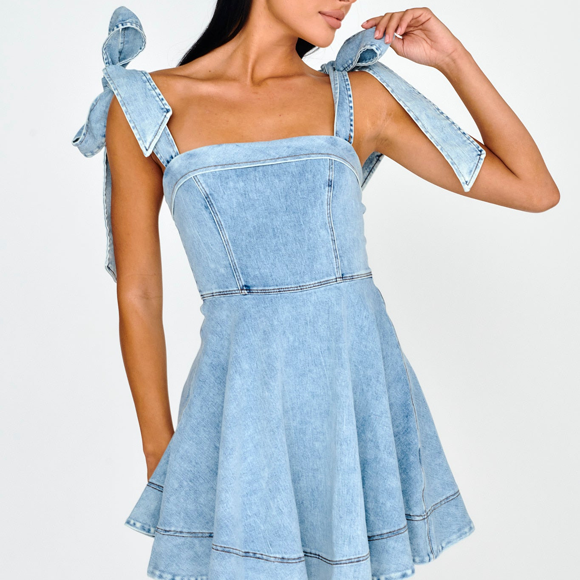 Jeanie Bow Shoulder Mini Dress Denim 5
