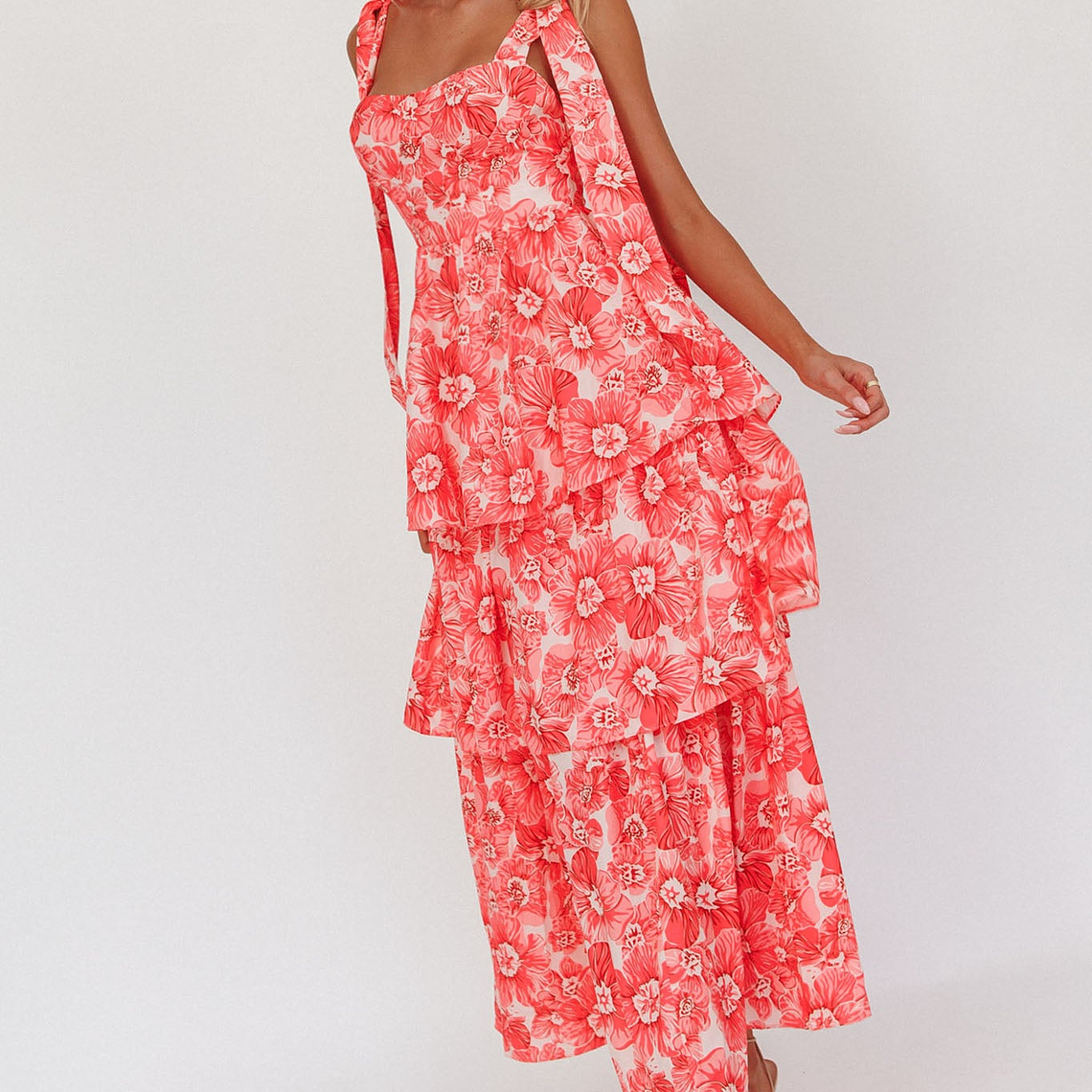 Arlowe Tied Shoulder Tiered Midi Dress Floral Pink 1