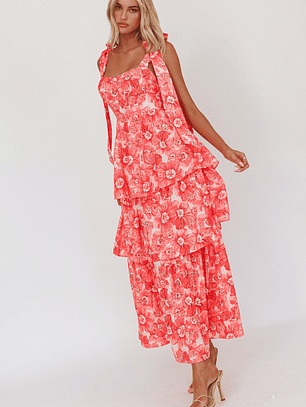 Arlowe Tied Shoulder Tiered Midi Dress Floral Pink
