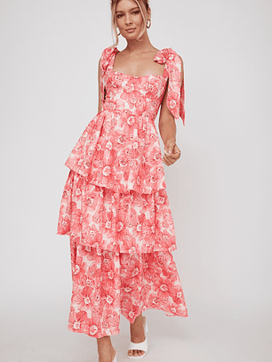 Arlowe Tied Shoulder Tiered Midi Dress Floral Pink