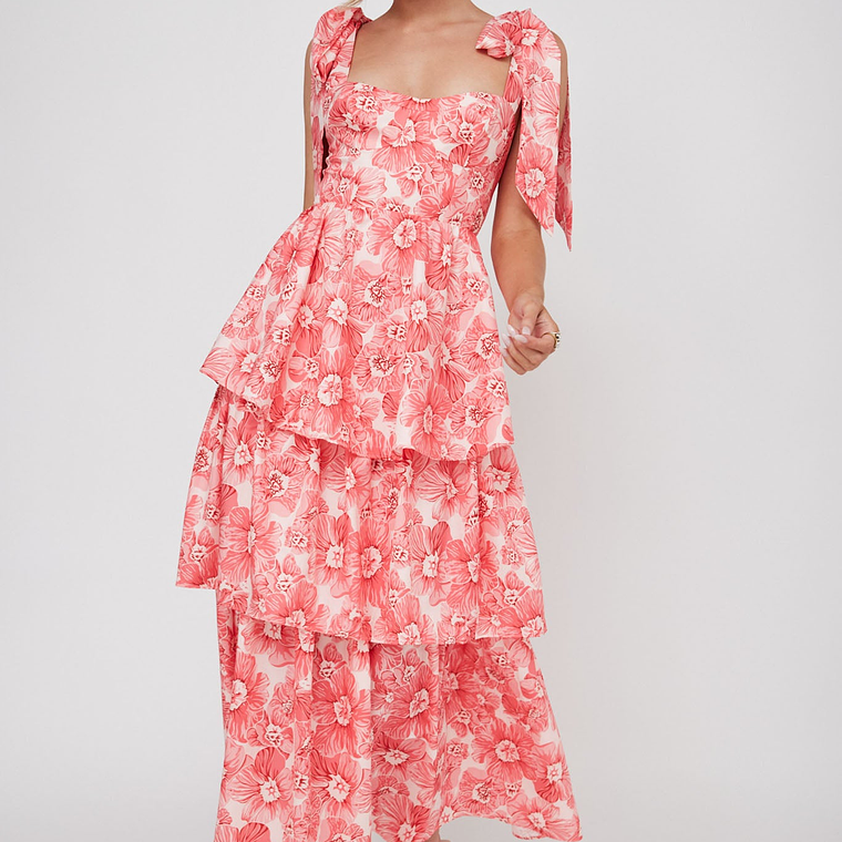 Arlowe Tied Shoulder Tiered Midi Dress Floral Pink 2