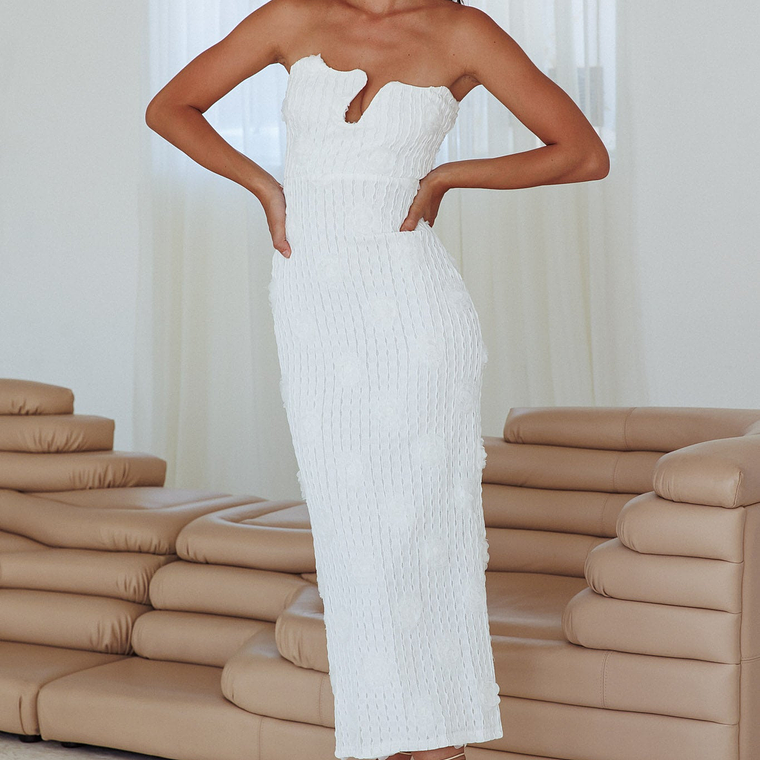 Horizon Strapless Textured Floral Midi Dress White 1