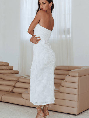 Horizon Strapless Textured Floral Midi Dress White