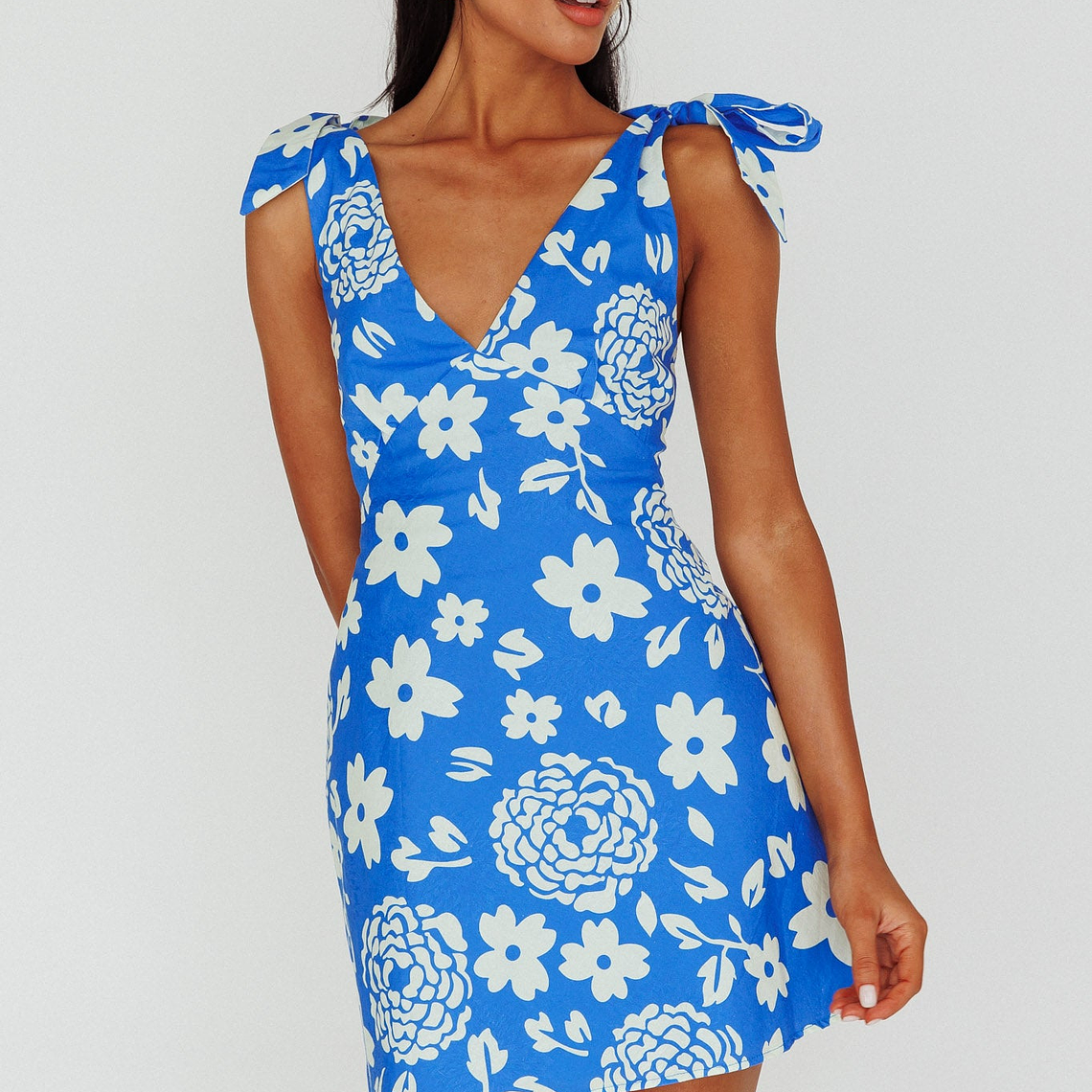 Mykonos Morning Tied Shoulder Mini Dress Floral Ocean 1