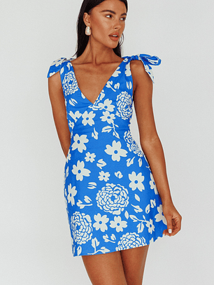 Mykonos Morning Tied Shoulder Mini Dress Floral Ocean