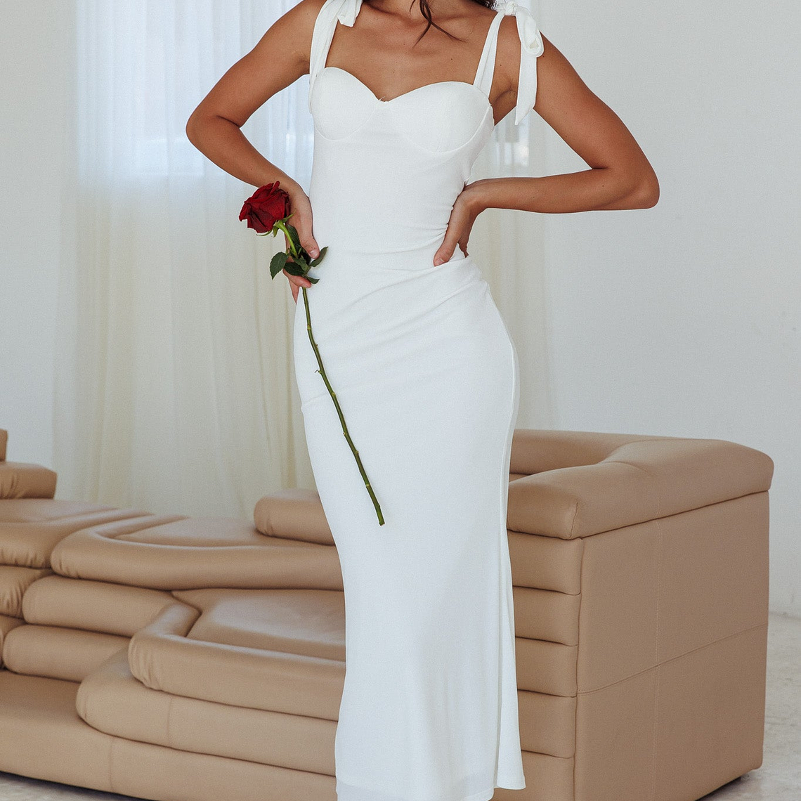 Rose Garden Tied Shoulder Maxi Dress White 1