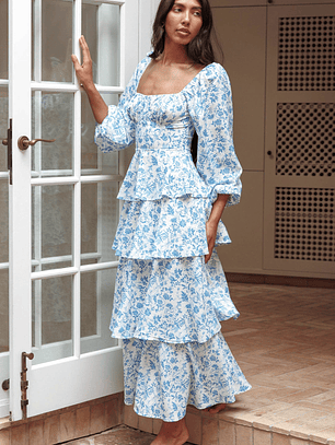 Provence Bloom Long Sleeve Maxi Dress Floral Blue