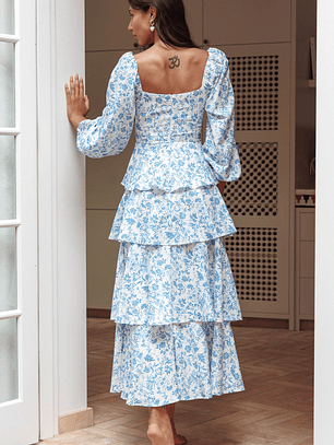 Provence Bloom Long Sleeve Maxi Dress Floral Blue