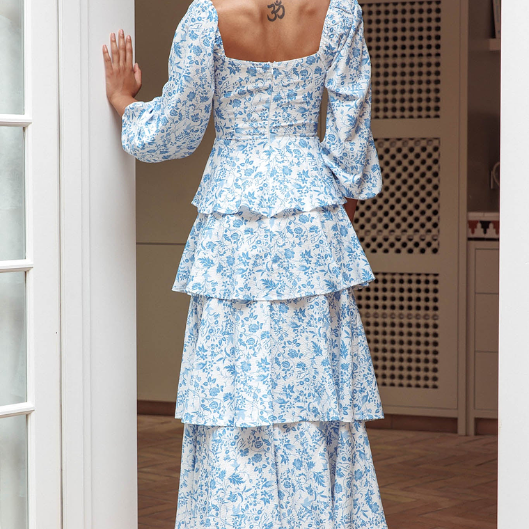 Provence Bloom Long Sleeve Maxi Dress Floral Blue 2