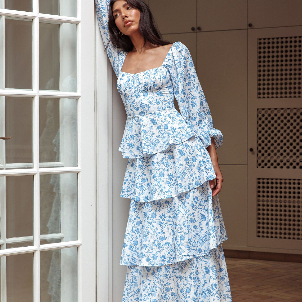 Provence Bloom Long Sleeve Maxi Dress Floral Blue 3