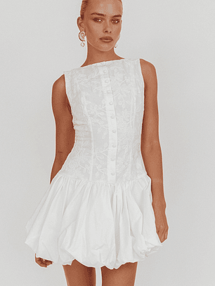 Opulent Sleeveless Bubble Hem Mini Dress Embroidered White