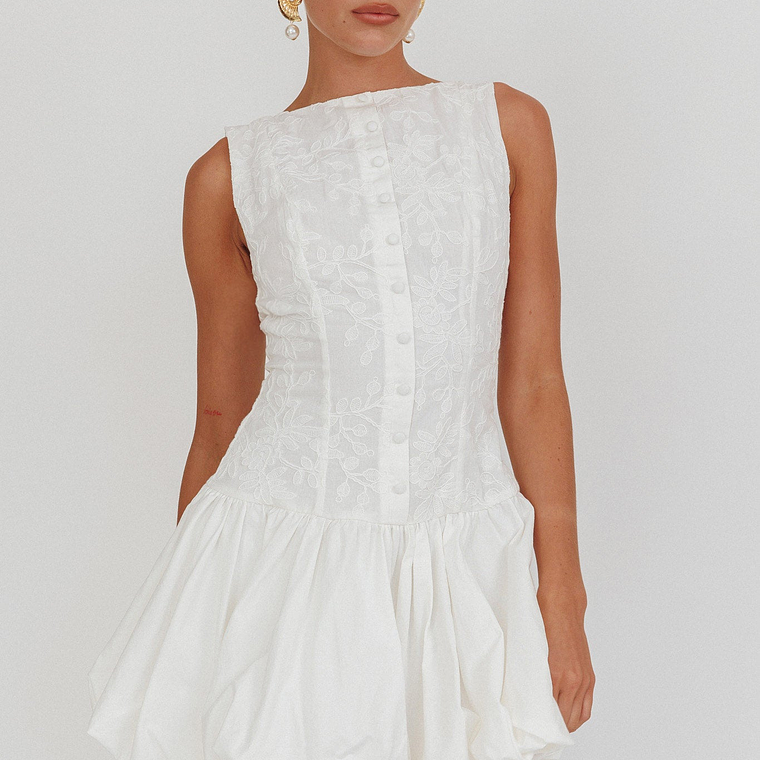 Opulent Sleeveless Bubble Hem Mini Dress Embroidered White 1