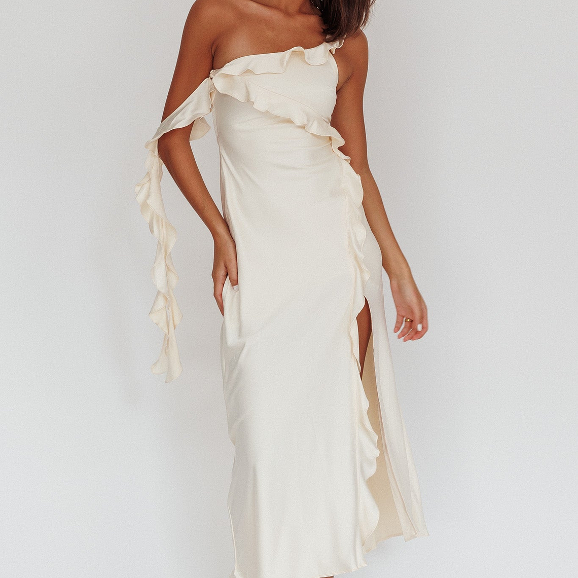 Like Yesterday Satin Ruffle Midi Dress Butter 1