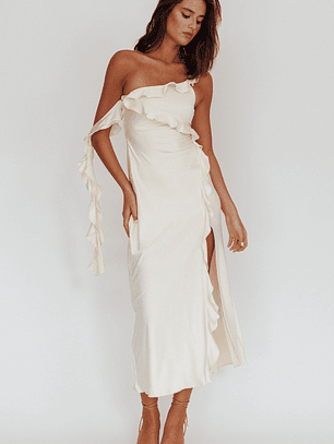 Like Yesterday Satin Ruffle Midi Dress Butter