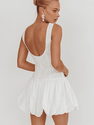 Opulent Sleeveless Bubble Hem Mini Dress Embroidered White
