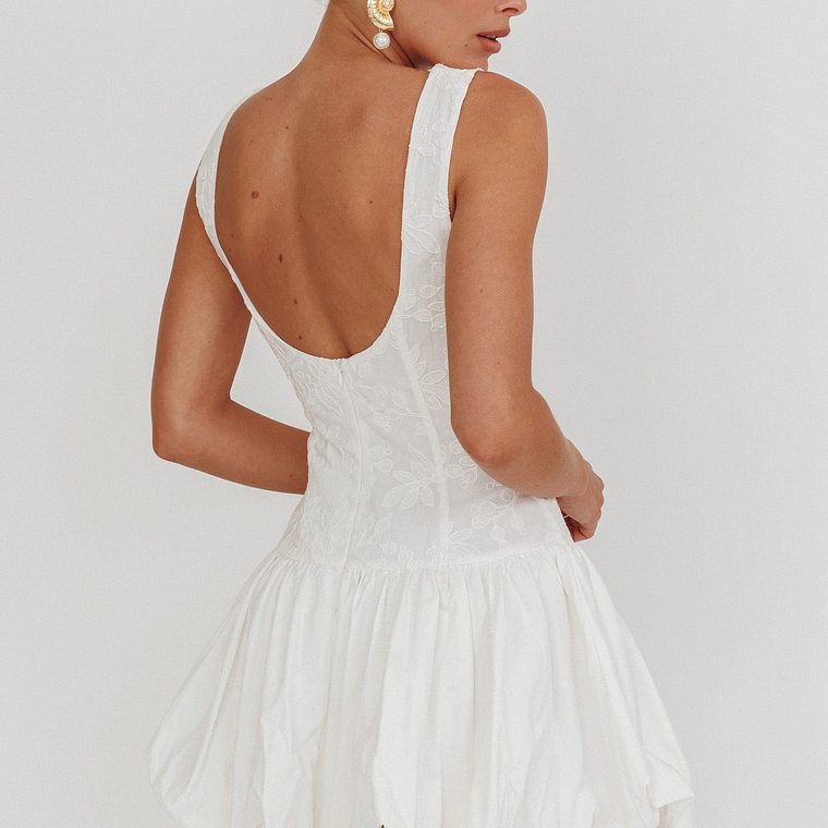 Opulent Sleeveless Bubble Hem Mini Dress Embroidered White 2