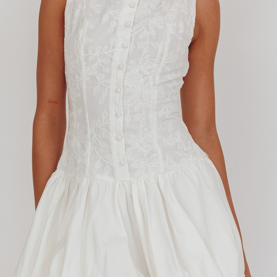 Opulent Sleeveless Bubble Hem Mini Dress Embroidered White 3