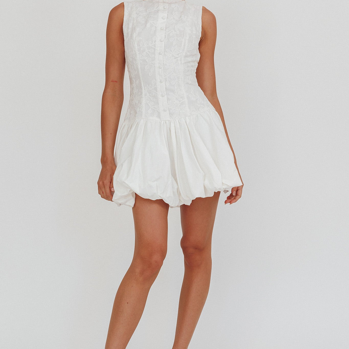 Opulent Sleeveless Bubble Hem Mini Dress Embroidered White 4