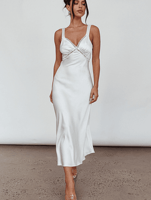 Nyah Lace Trim Midi Dress Off White