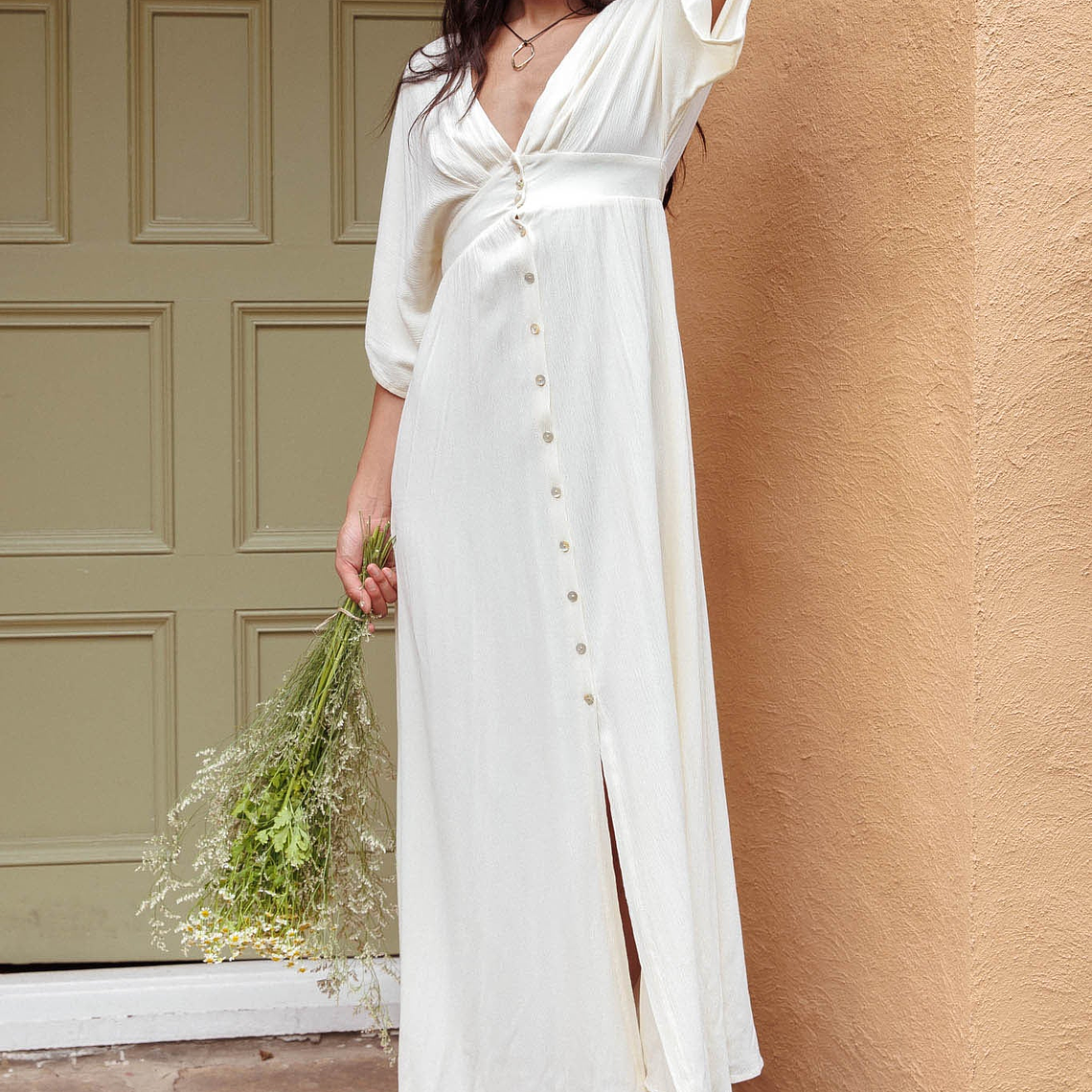 Paradise Found V-Neck Button Maxi Dress Natural 6