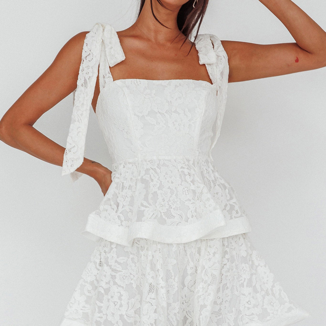 Neriah Tied Shoulder Tiered Lace Mini Dress White 1