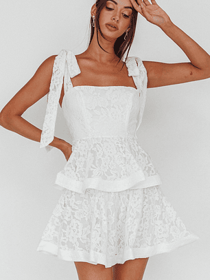 Neriah Tied Shoulder Tiered Lace Mini Dress White